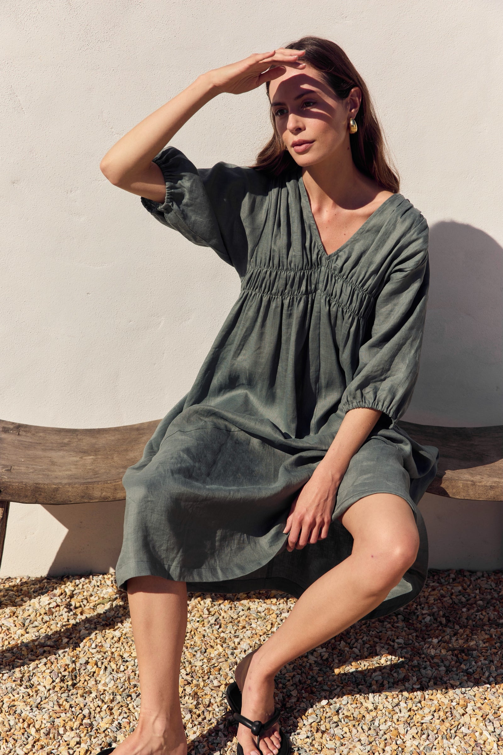 PUFF SLEEVE GATHER FRONT DRESS