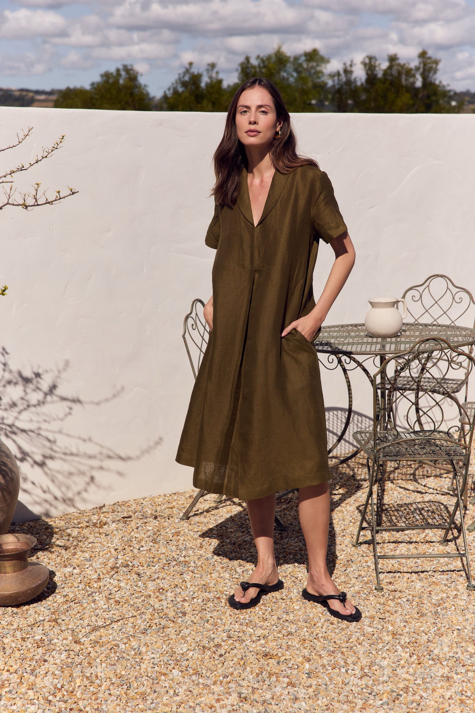 SHAWL COLLAR PLEAT DRESS