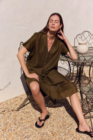 SHAWL COLLAR PLEAT DRESS