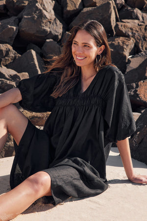 PUFF SLEEVE GATHER FRONT DRESS
