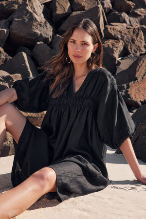 PUFF SLEEVE GATHER FRONT DRESS