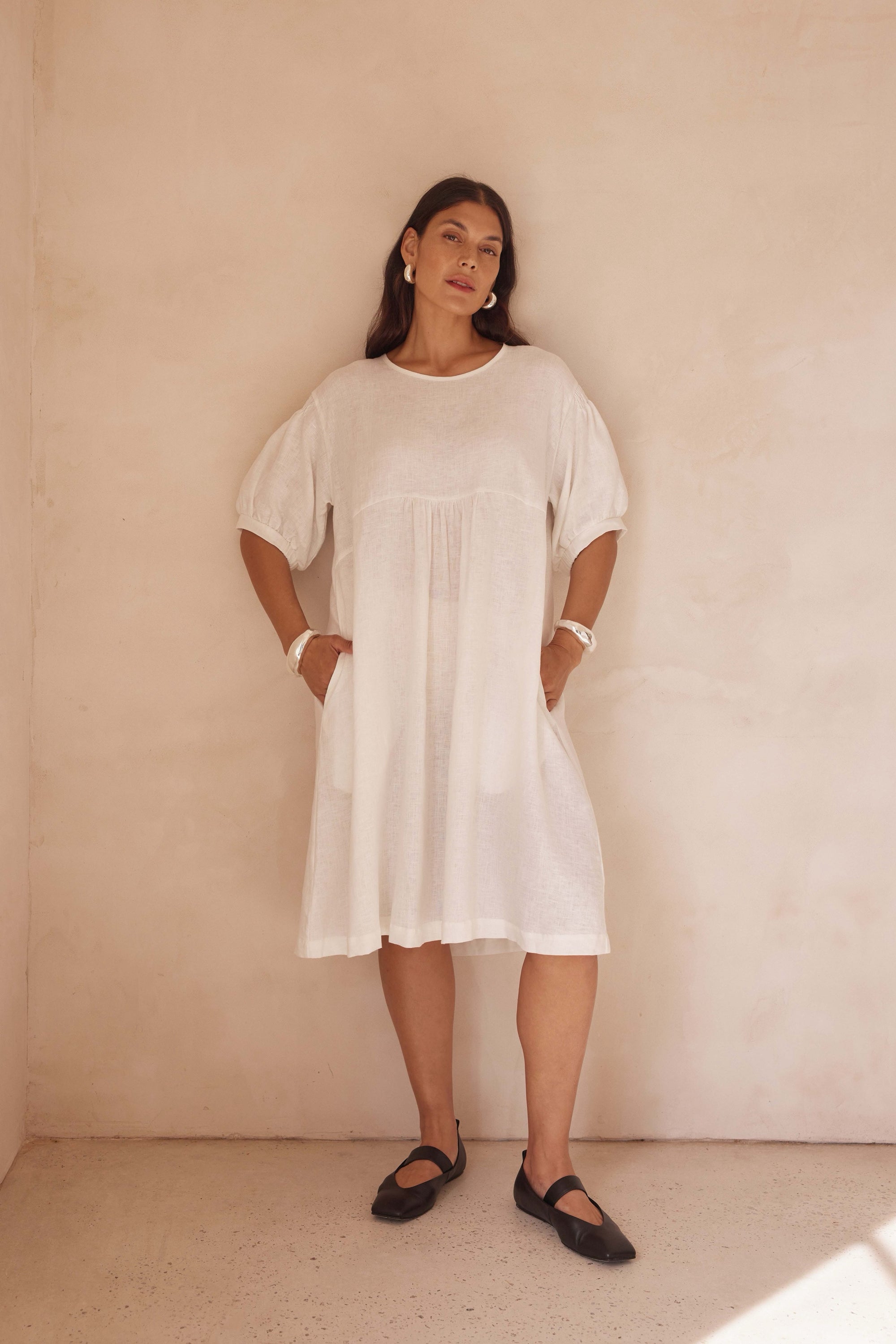 BISHOP SLEEVE SHIRRING DRESS