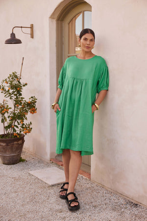 BISHOP SLEEVE SHIRRING DRESS