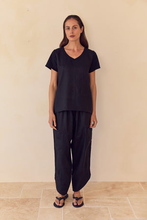 V NECK LINEN COMBI TOP