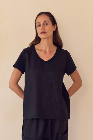 V NECK LINEN COMBI TOP