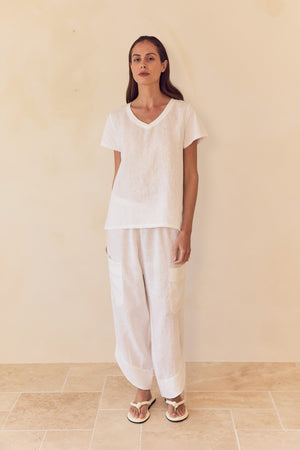 V NECK LINEN COMBI TOP