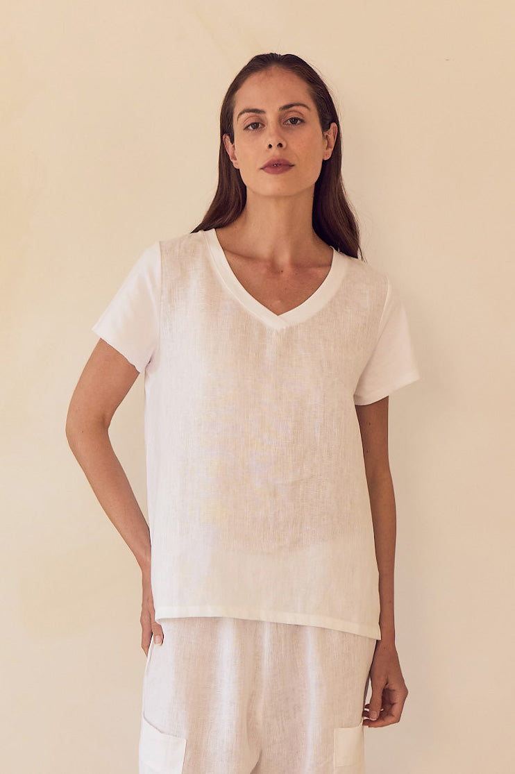 V NECK LINEN COMBI TOP