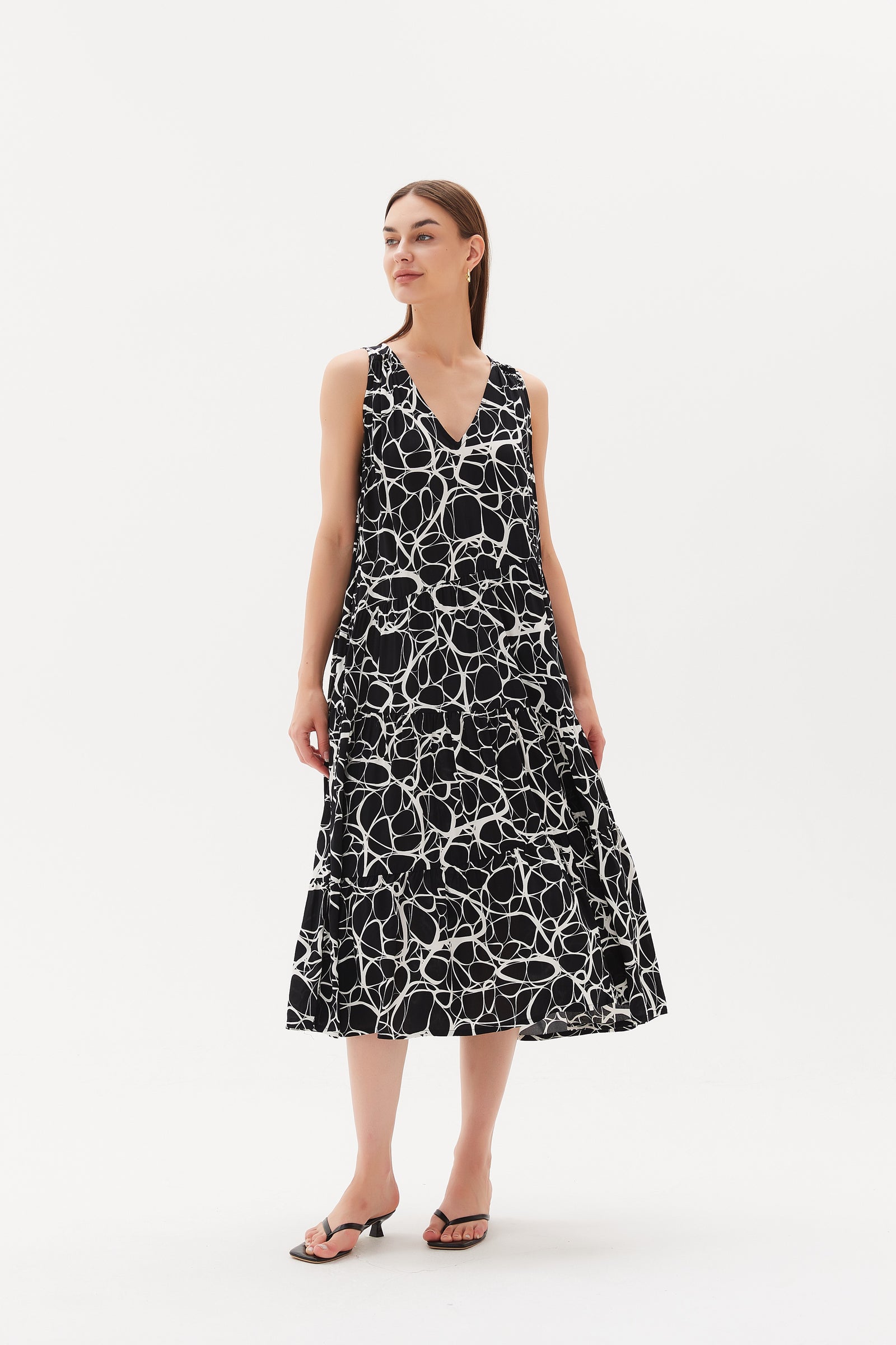 V NECK ASYMMETRIC TIERED DRESS