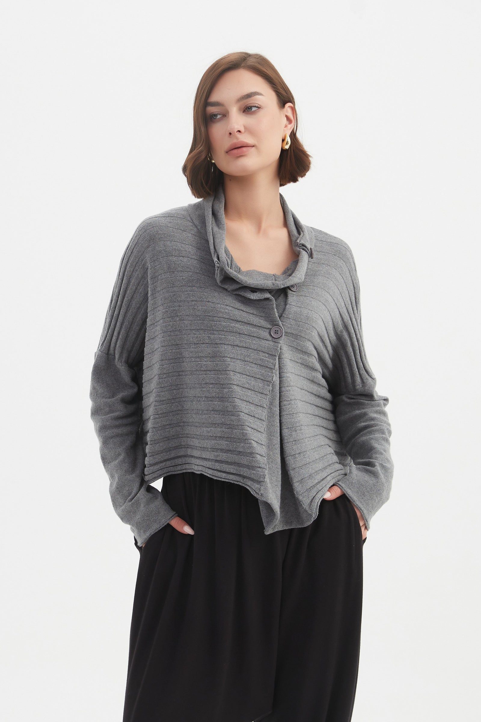 COWL NECK BUTTON KNIT