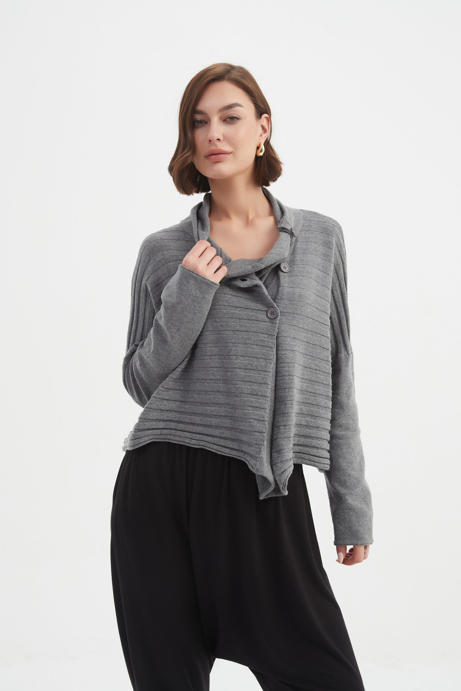 COWL NECK BUTTON KNIT