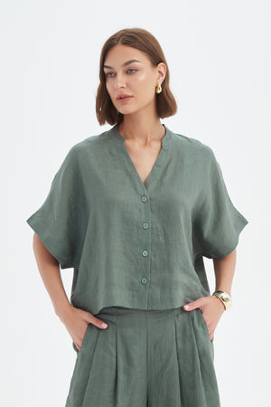 BOXY BUTTON LINEN SHIRT