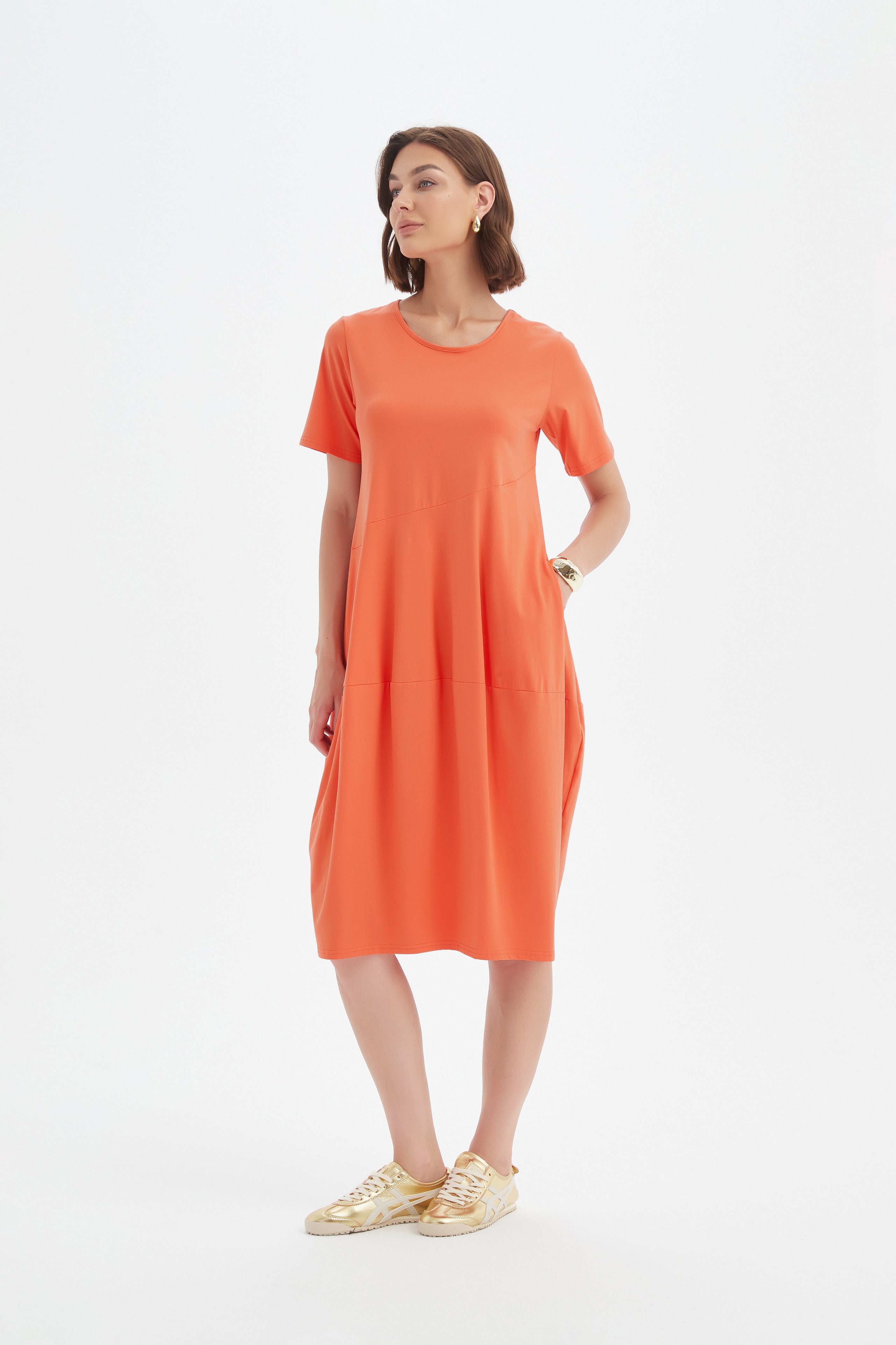 Short Sleeve Diagonal Seam Dress | Tirelli | Women's Cotton Midi Dress