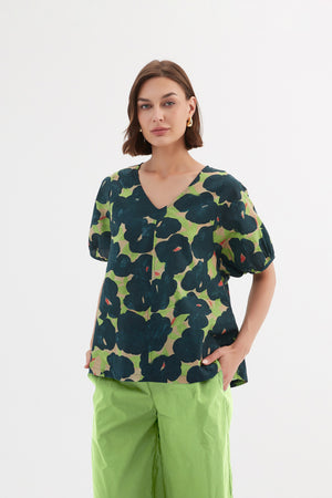 V NECK BISHOP SLEEVE POPLIN TOP