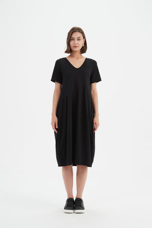 V NECK SHORT SLEEVE DIAGONAL SEAM DRESS