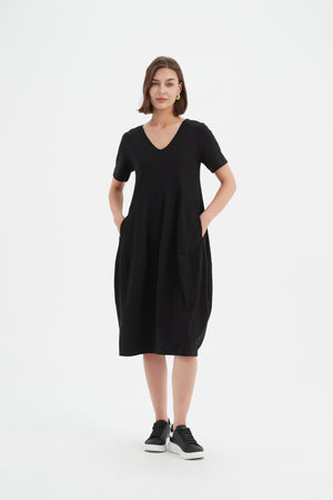 V NECK SHORT SLEEVE DIAGONAL SEAM DRESS