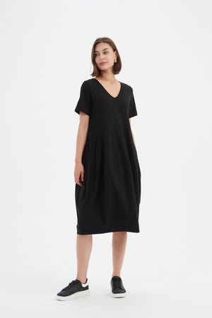 V NECK SHORT SLEEVE DIAGONAL SEAM DRESS