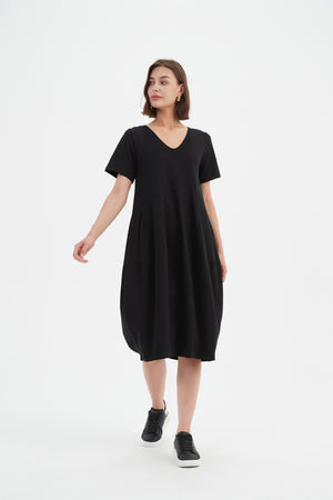 V NECK SHORT SLEEVE DIAGONAL SEAM DRESS