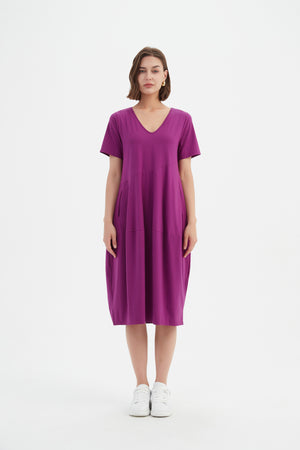 V NECK SHORT SLEEVE DIAGONAL SEAM DRESS