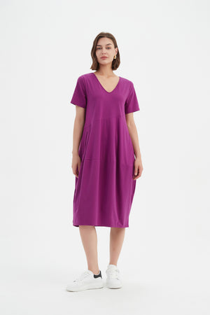 V NECK SHORT SLEEVE DIAGONAL SEAM DRESS