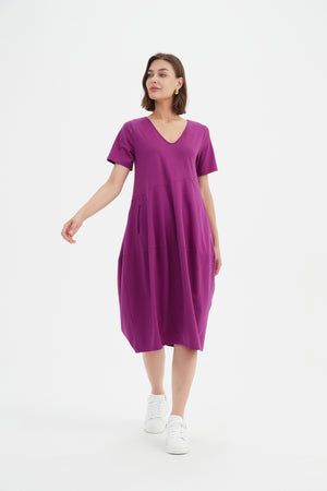 V NECK SHORT SLEEVE DIAGONAL SEAM DRESS