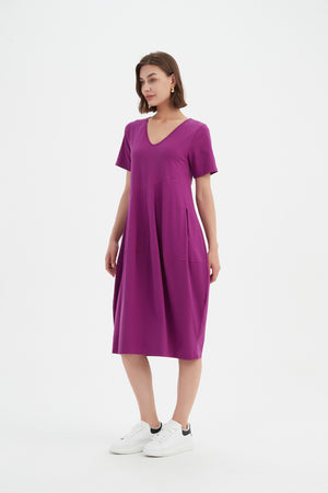 V NECK SHORT SLEEVE DIAGONAL SEAM DRESS