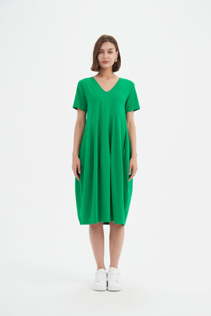 V NECK SHORT SLEEVE DIAGONAL SEAM DRESS