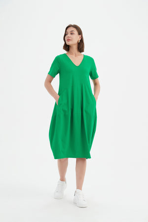 V NECK SHORT SLEEVE DIAGONAL SEAM DRESS