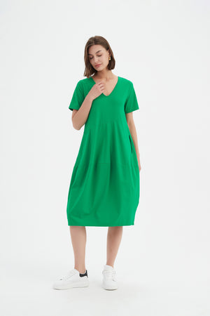 V NECK SHORT SLEEVE DIAGONAL SEAM DRESS