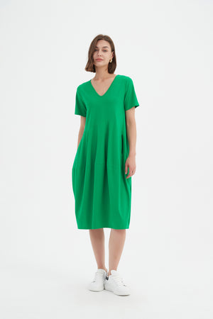 V NECK SHORT SLEEVE DIAGONAL SEAM DRESS