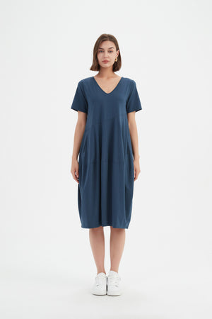 V NECK SHORT SLEEVE DIAGONAL SEAM DRESS