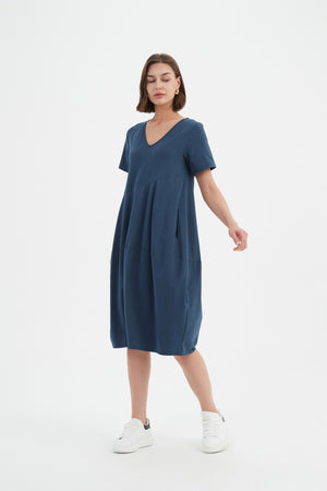 V NECK SHORT SLEEVE DIAGONAL SEAM DRESS