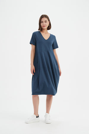 V NECK SHORT SLEEVE DIAGONAL SEAM DRESS