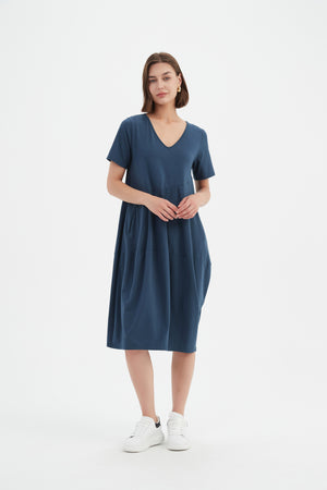 V NECK SHORT SLEEVE DIAGONAL SEAM DRESS