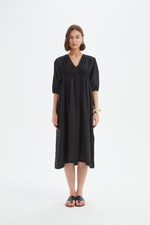 PUFF SLEEVE GATHER FRONT DRESS