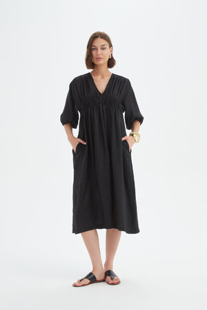 PUFF SLEEVE GATHER FRONT DRESS
