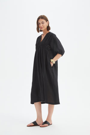 PUFF SLEEVE GATHER FRONT DRESS