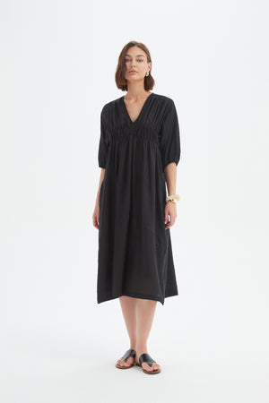 PUFF SLEEVE GATHER FRONT DRESS