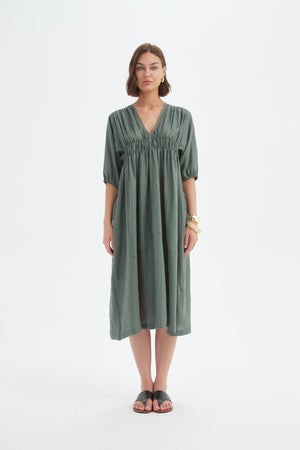 PUFF SLEEVE GATHER FRONT DRESS