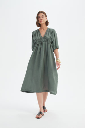 PUFF SLEEVE GATHER FRONT DRESS