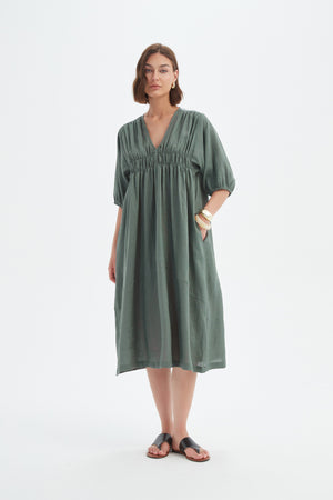 PUFF SLEEVE GATHER FRONT DRESS