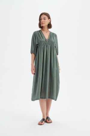 PUFF SLEEVE GATHER FRONT DRESS