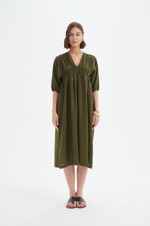 PUFF SLEEVE GATHER FRONT DRESS