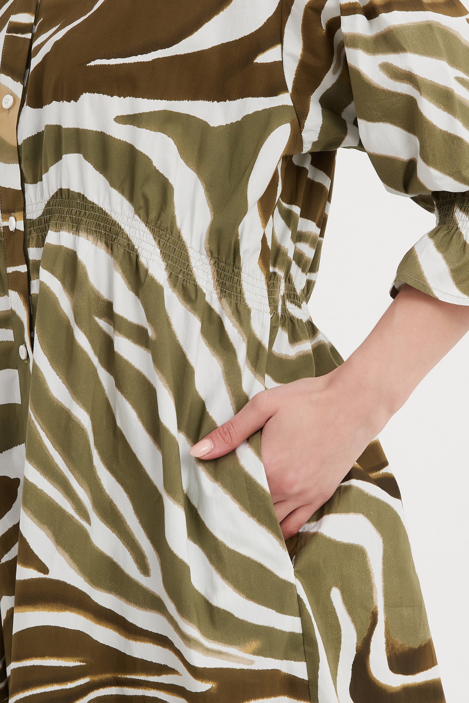 SHIRRING DETAIL PRINT DRESS