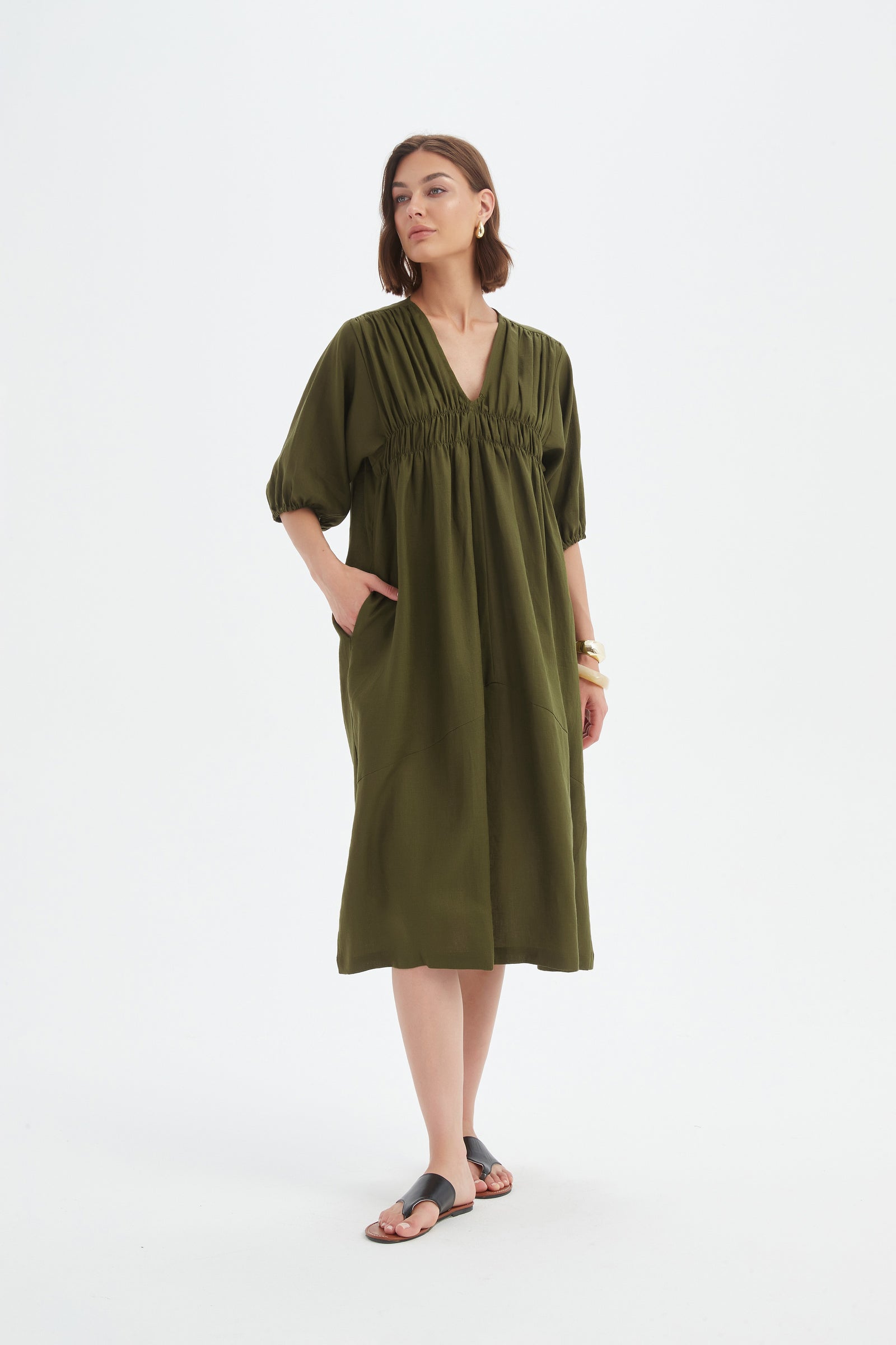 PUFF SLEEVE GATHER FRONT DRESS