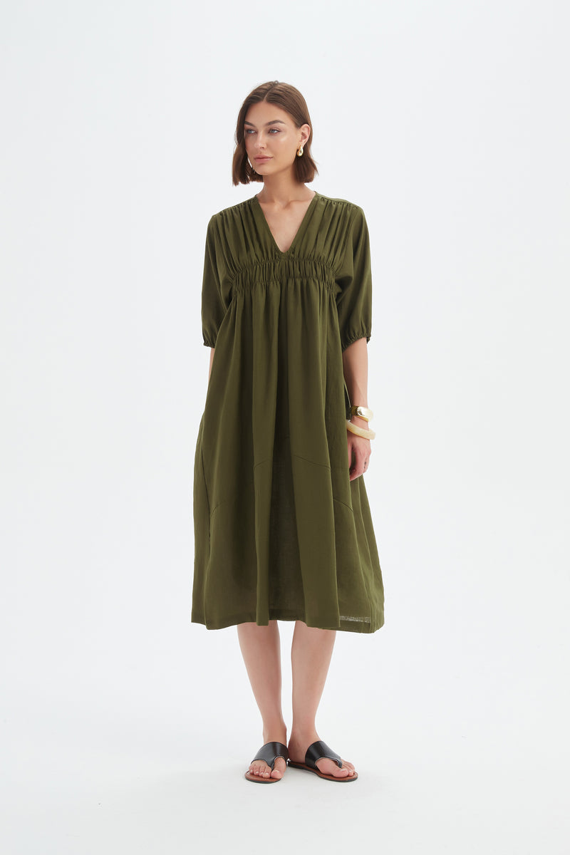 PUFF SLEEVE GATHER FRONT DRESS