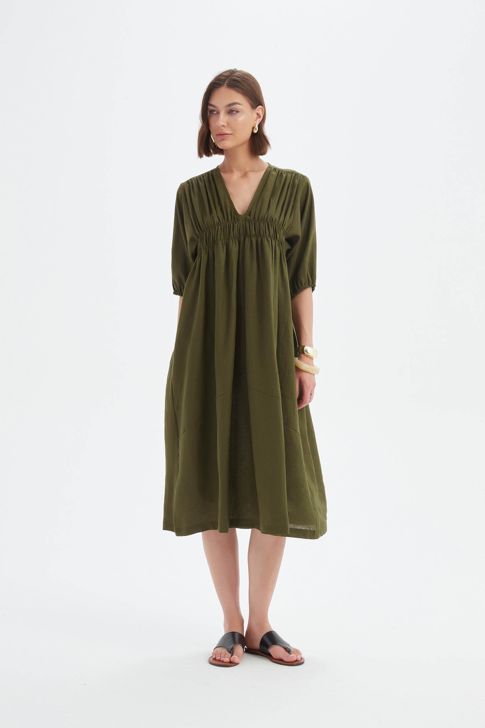 PUFF SLEEVE GATHER FRONT DRESS