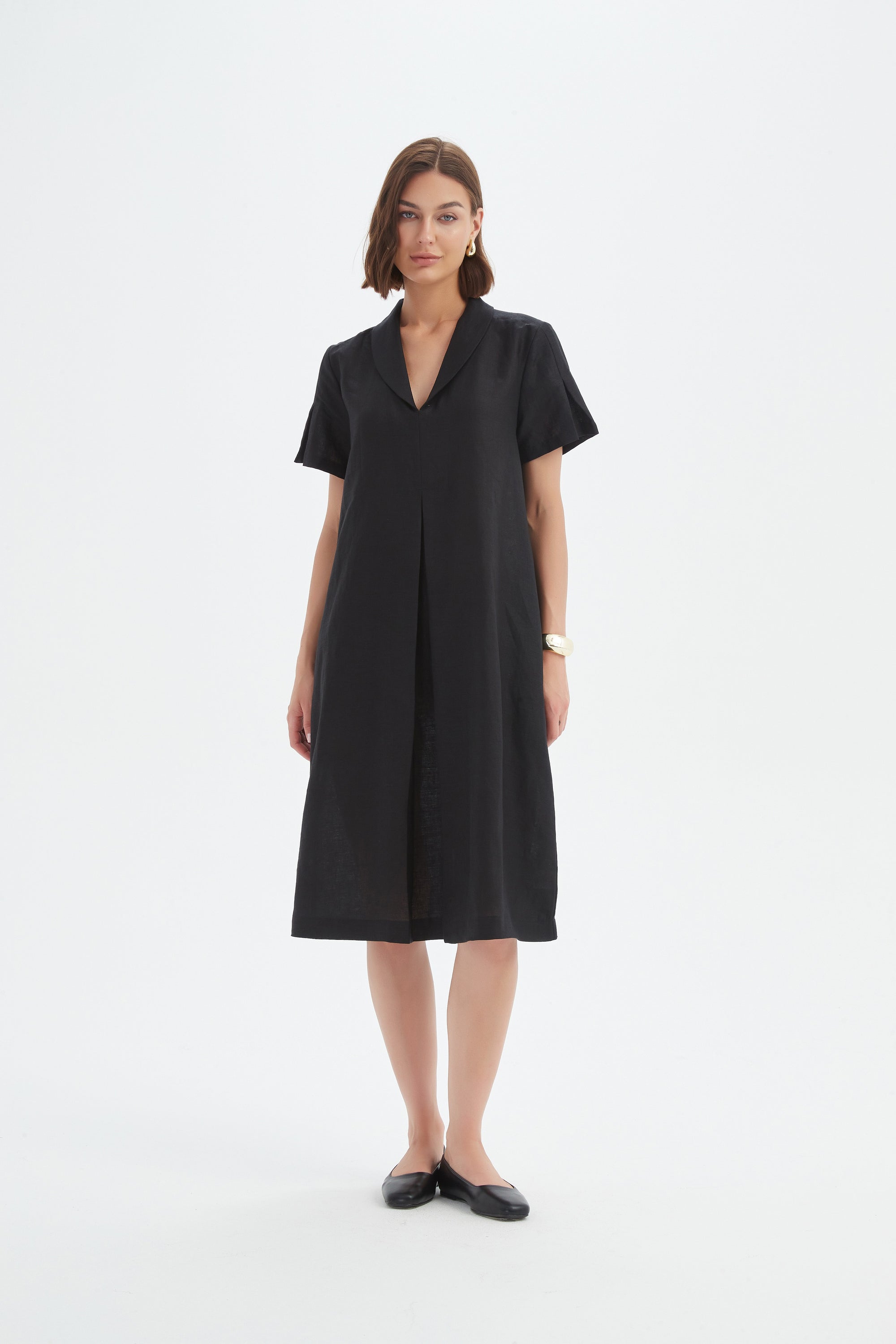 SHAWL COLLAR PLEAT DRESS