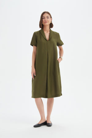 SHAWL COLLAR PLEAT DRESS