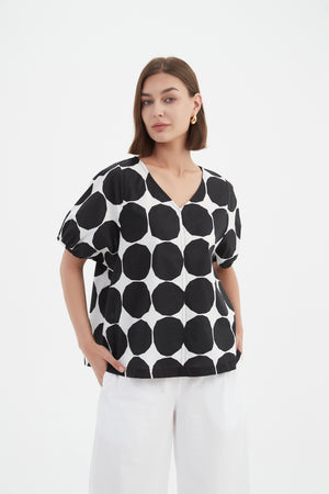 V NECK BISHOP SLEEVE POPLIN TOP