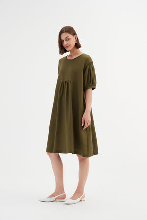 BISHOP SLEEVE SHIRRING DRESS